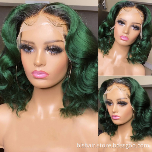 Wholesale Ombre Color Wavy Short Bob Brazilian Remy 4x4 Lace Front Wigs For Black Women T1B/30 Orange Blue Green Purple